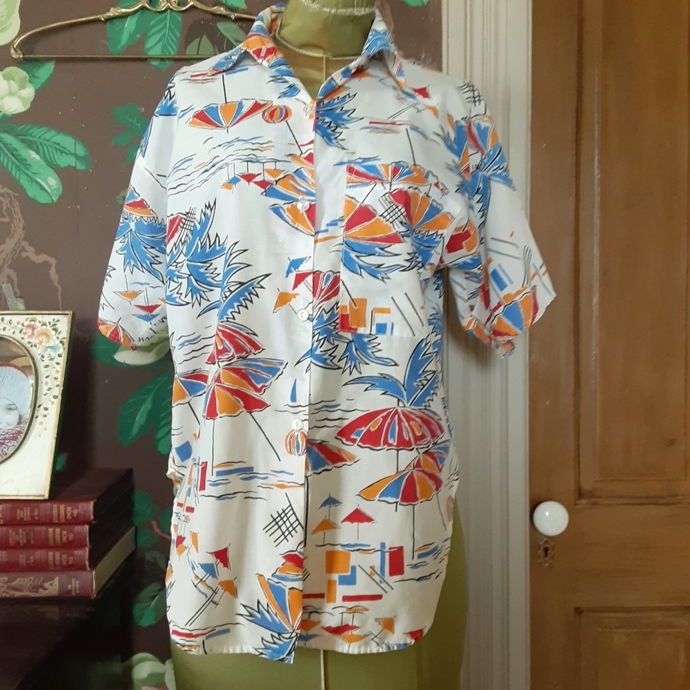 Vintage Arco Iris Beach Print Button Down Shirt Coastal Umbrella Graphic Small